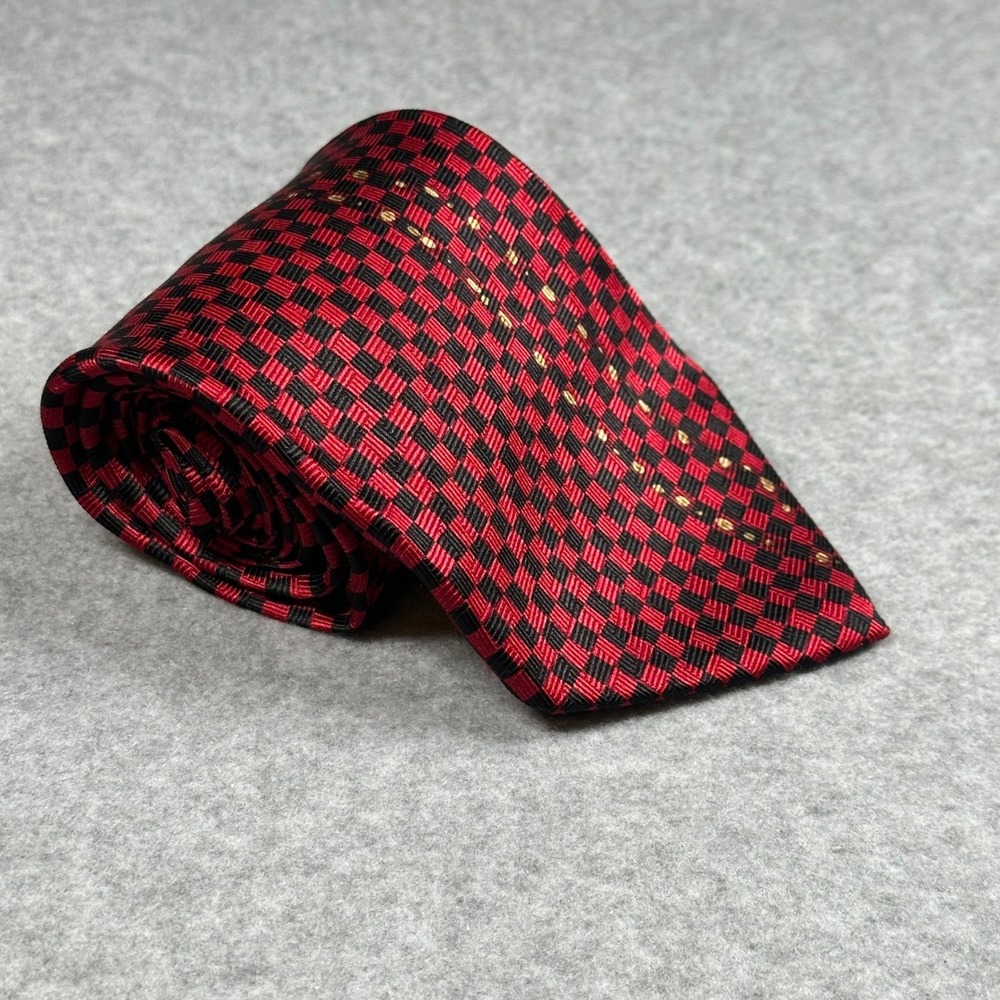 Kenneth Cole Reaction Red Black Check Silk Tie‎ Gold Detail 100% Silk